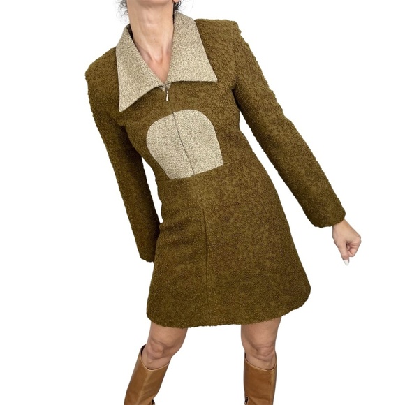 Vintage 60s Mod green boucle brown tweed zip front long sleeve mini dress XS - Picture 3 of 13